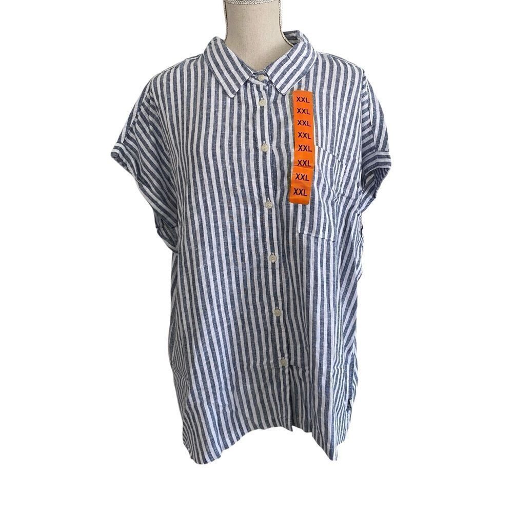 Women's Orvis Blue/White Striped Linen Blend Short Sleeve Shirt Size XXL  NWT